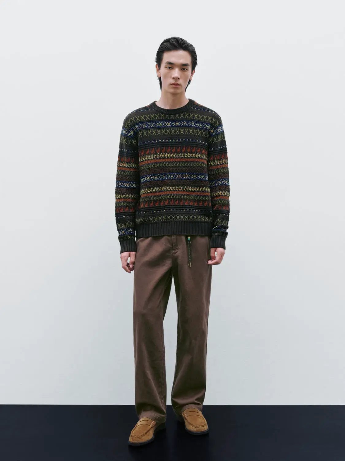 Crew Neck Striped Intarsia Knit Long Sleeve Sweater