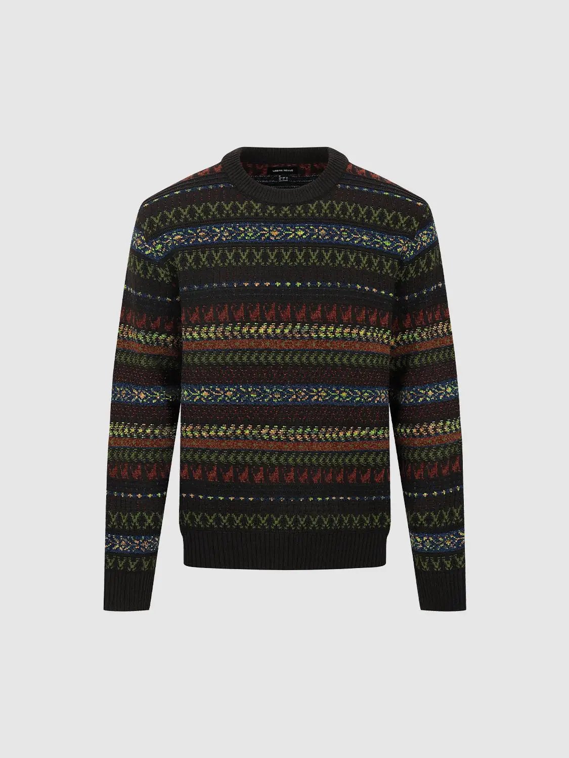 Crew Neck Striped Intarsia Knit Long Sleeve Sweater