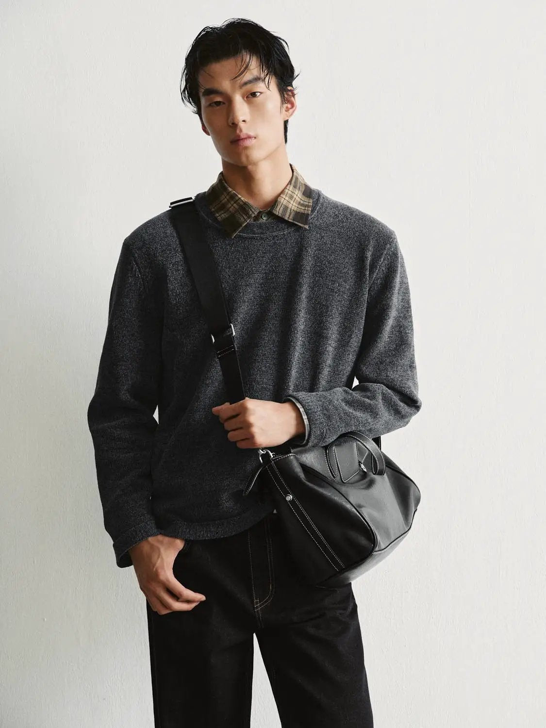 Checked Collar Long Sleeve Textured Knit Sweater