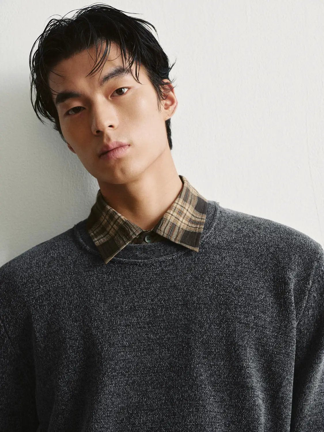 Checked Collar Long Sleeve Textured Knit Sweater