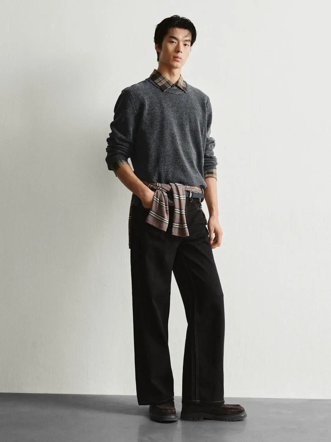 Checked Collar Long Sleeve Textured Knit Sweater