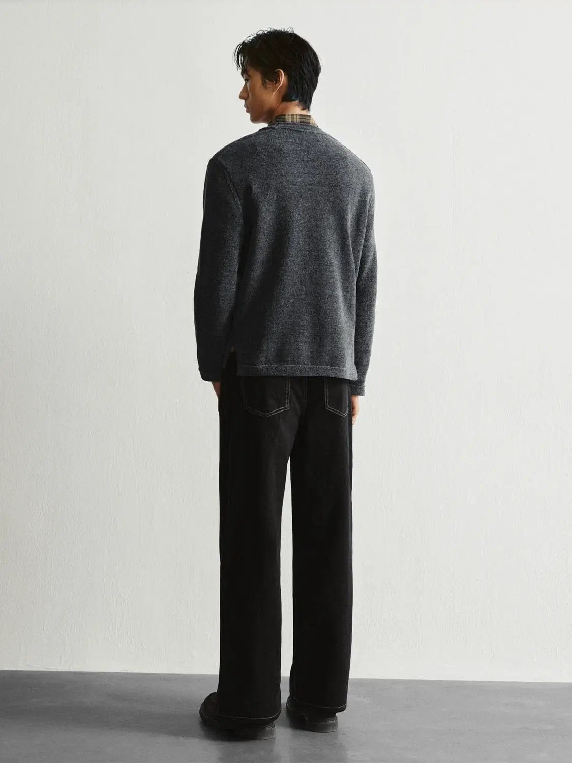 Checked Collar Long Sleeve Textured Knit Sweater