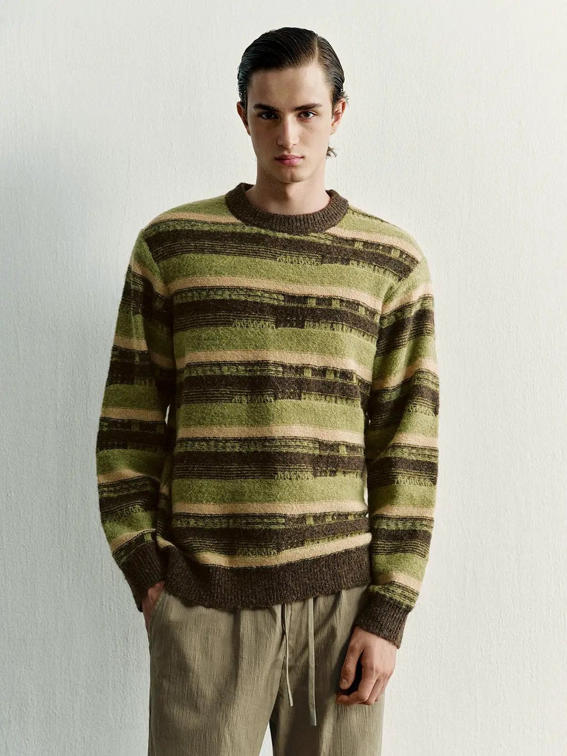 Ribbed Striped Crew Neck Long Sleeve Knit Sweater