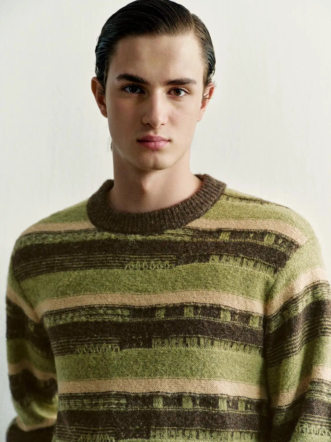 Ribbed Striped Crew Neck Long Sleeve Knit Sweater