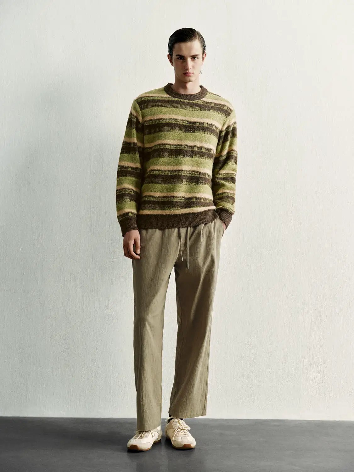 Ribbed Striped Crew Neck Long Sleeve Knit Sweater