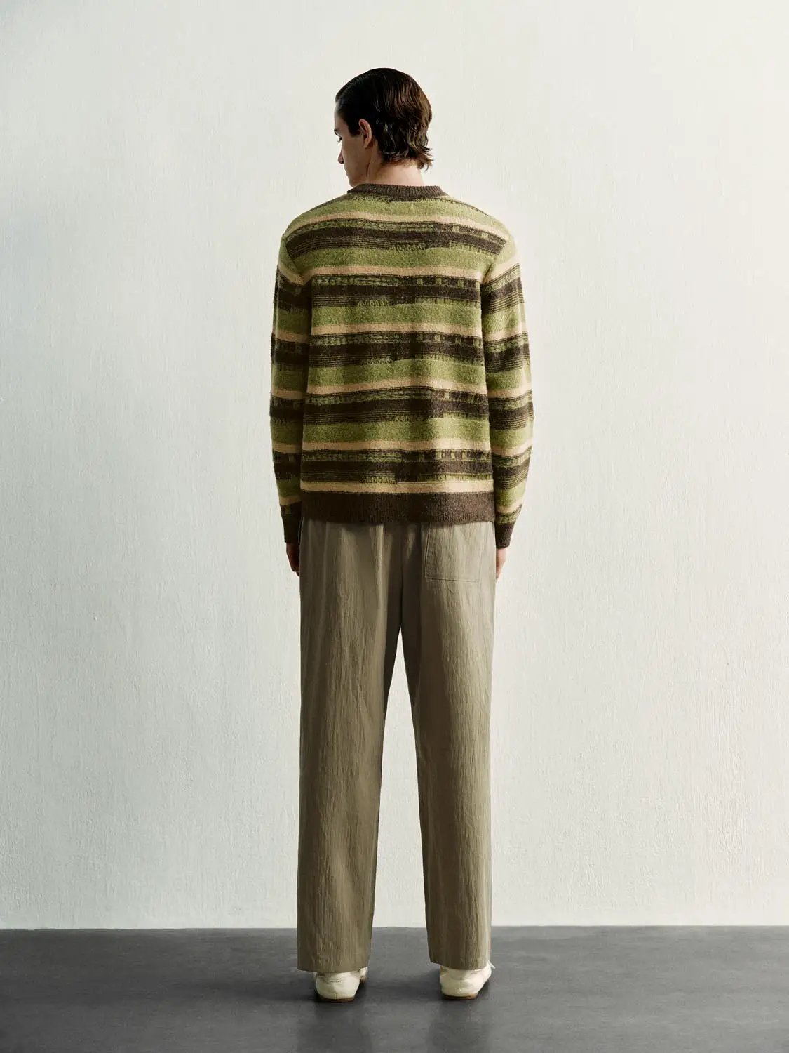 Ribbed Striped Crew Neck Long Sleeve Knit Sweater
