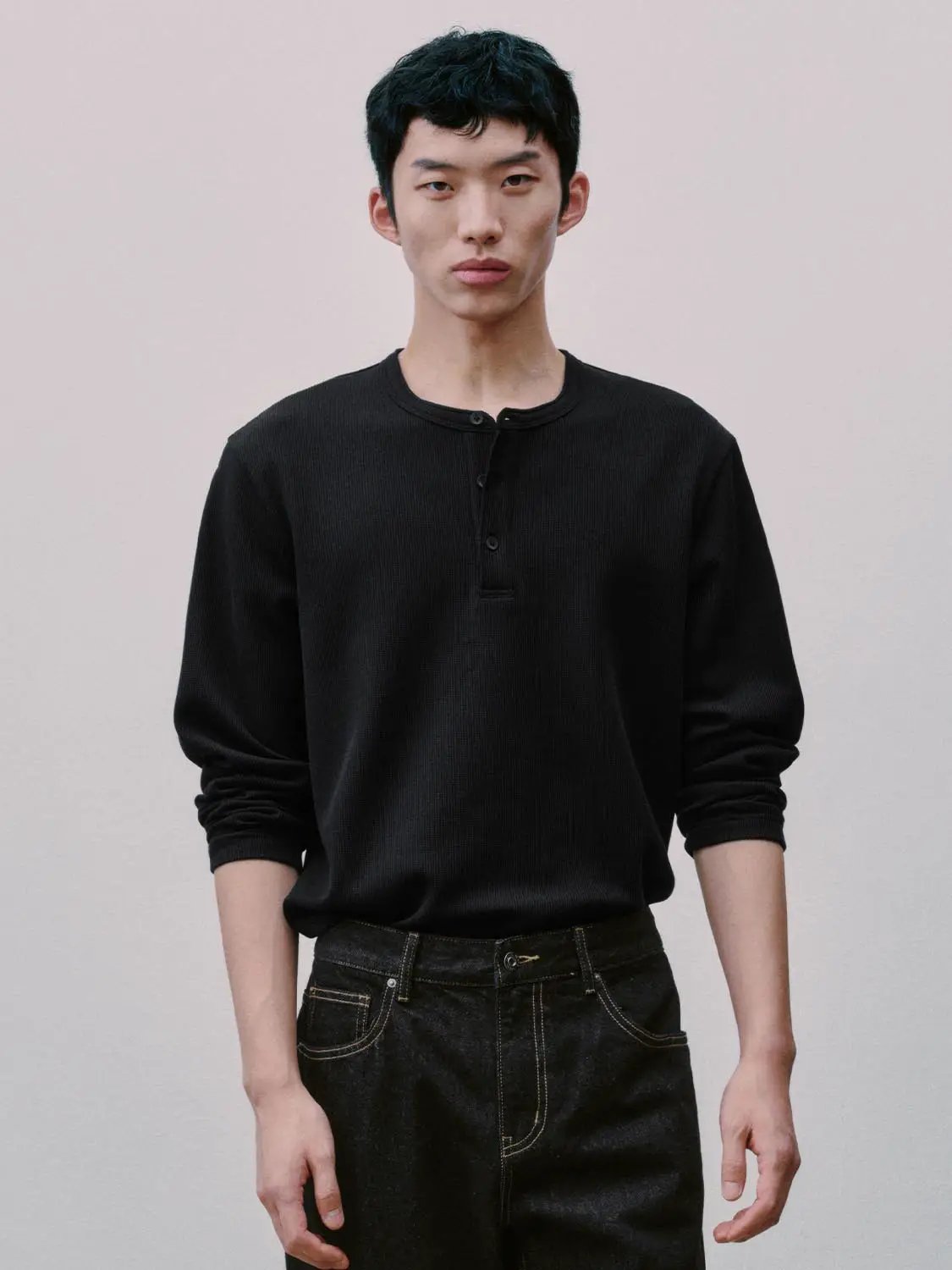 Ribbed Button Placket Long Sleeve Cotton Blend T-Shirt