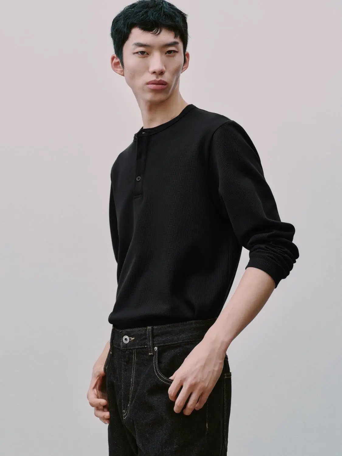 Ribbed Button Placket Long Sleeve Cotton Blend T-Shirt