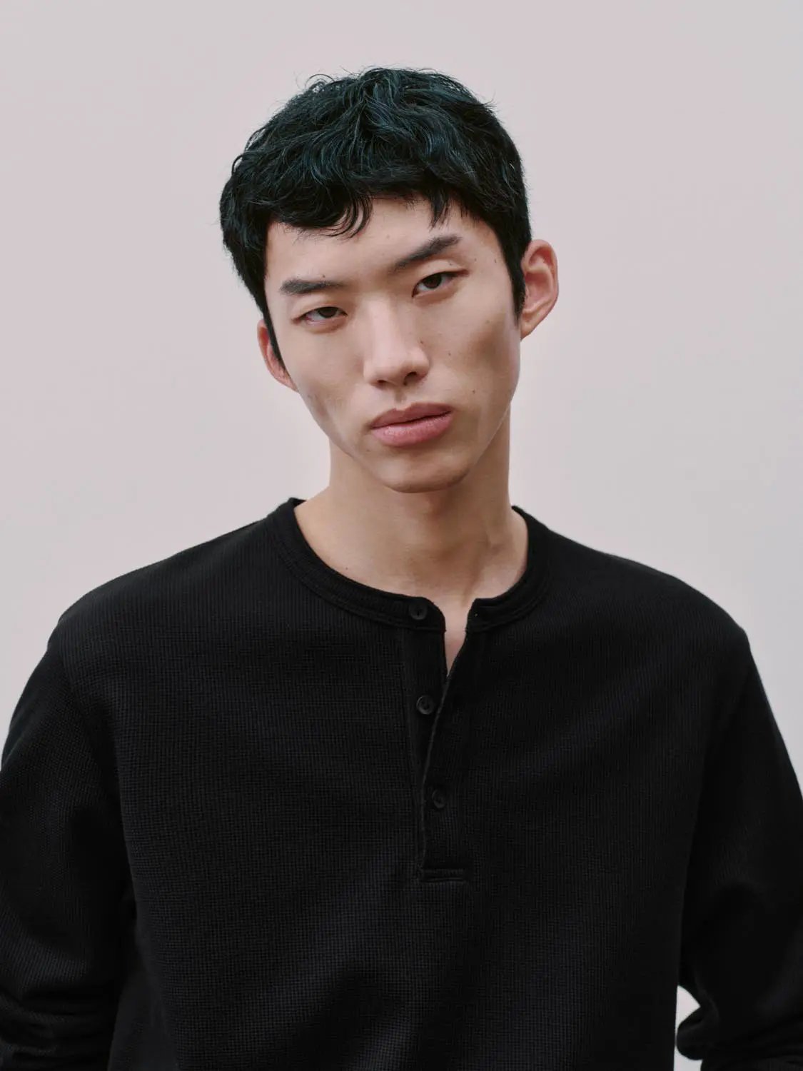 Ribbed Button Placket Long Sleeve Cotton Blend T-Shirt