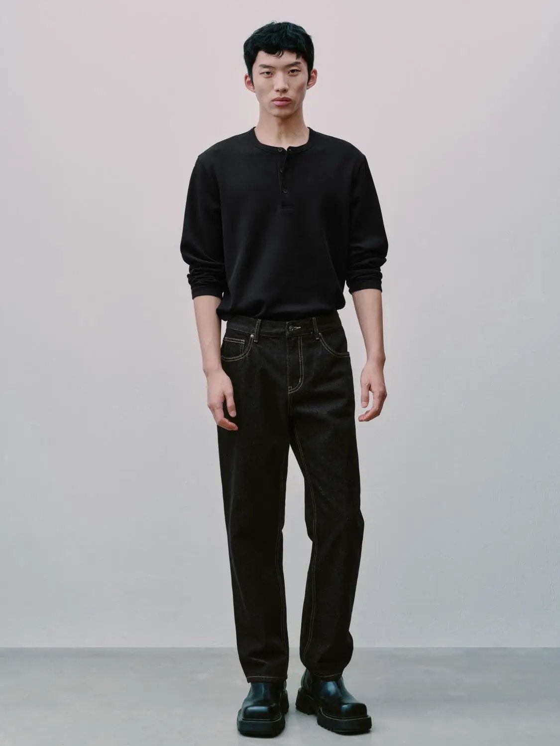 Ribbed Button Placket Long Sleeve Cotton Blend T-Shirt