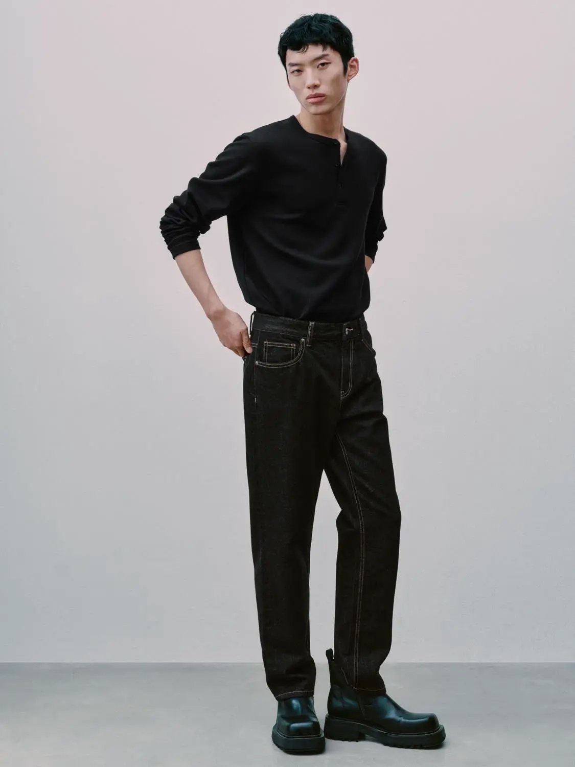 Ribbed Button Placket Long Sleeve Cotton Blend T-Shirt