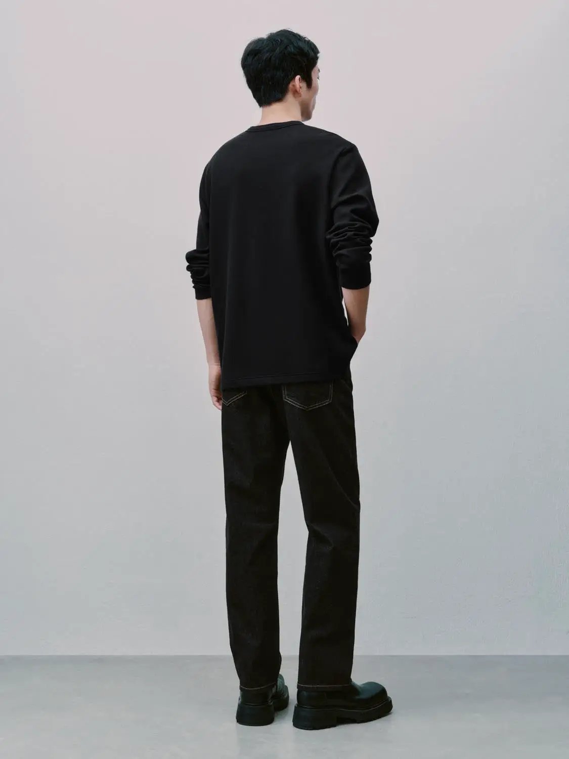 Ribbed Button Placket Long Sleeve Cotton Blend T-Shirt