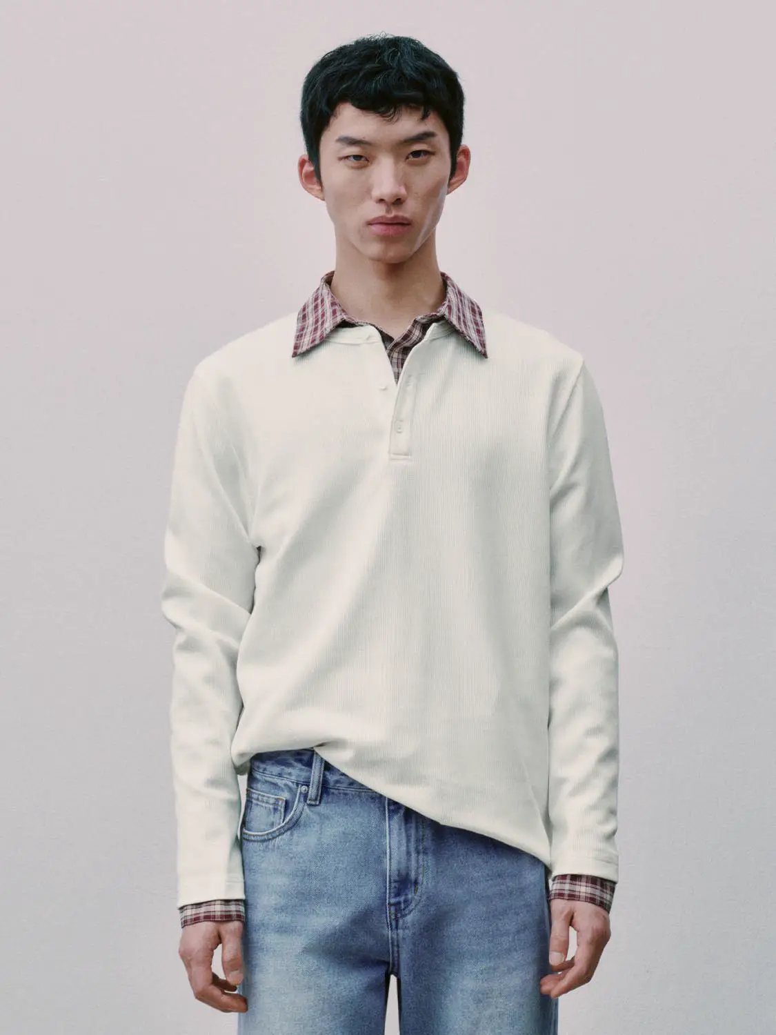 Ribbed Button Placket Long Sleeve Cotton Blend T-Shirt
