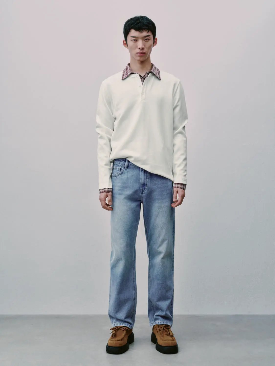 Ribbed Button Placket Long Sleeve Cotton Blend T-Shirt