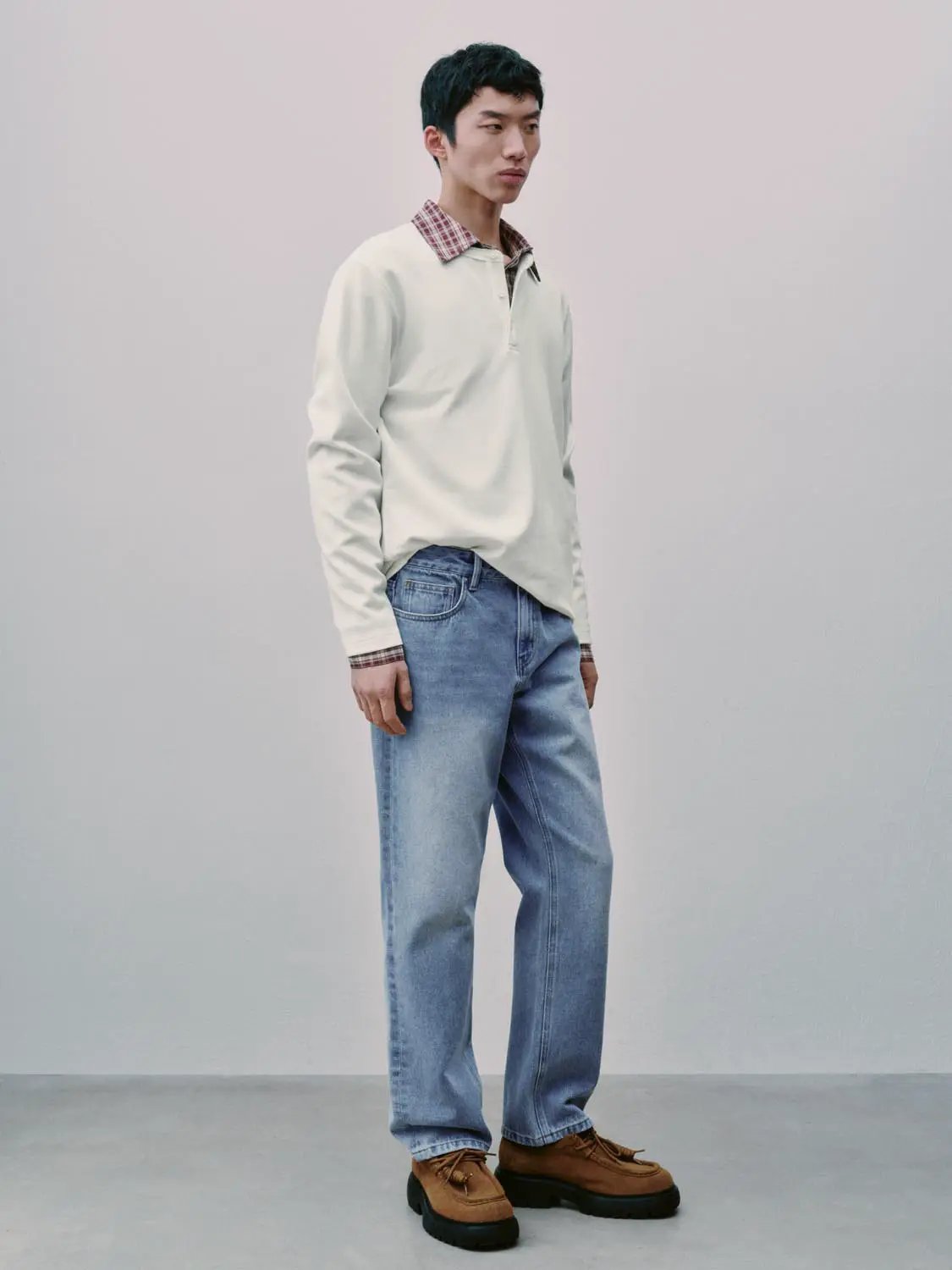 Ribbed Button Placket Long Sleeve Cotton Blend T-Shirt