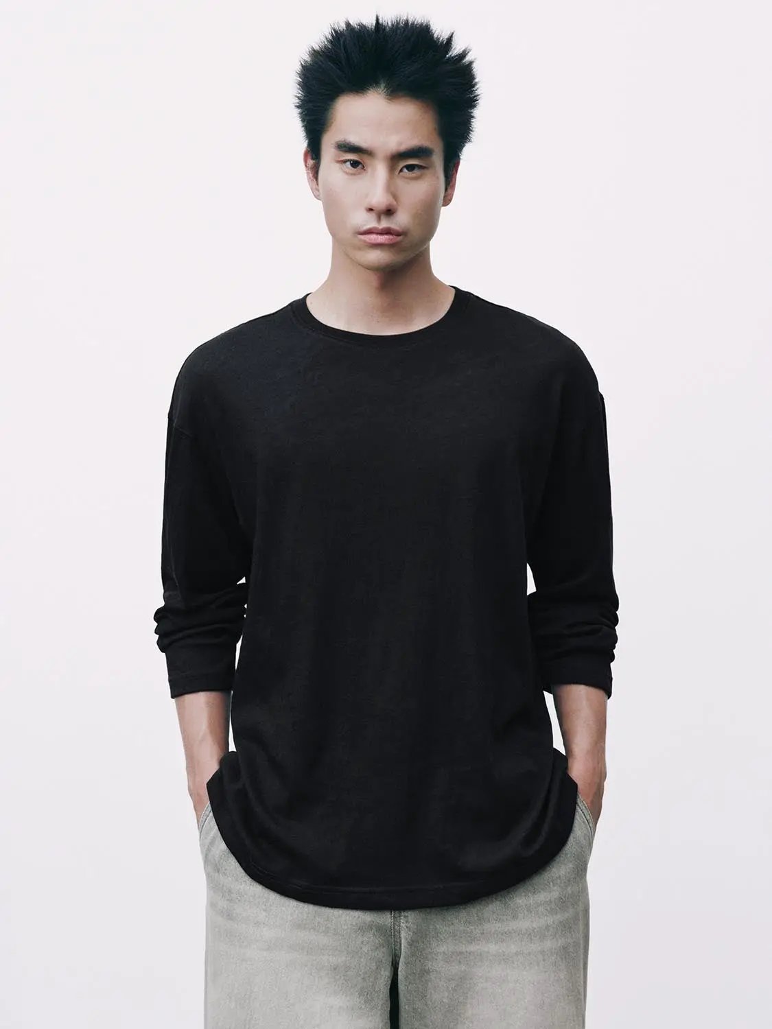 Solid Crew Neck Long Sleeve Cotton Blend T-Shirt