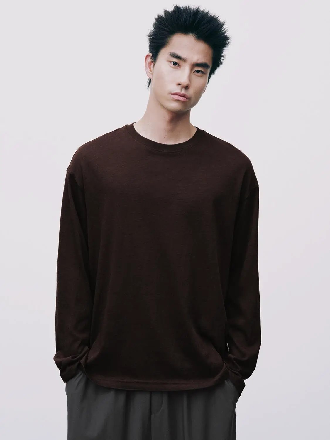 Solid Crew Neck Long Sleeve Cotton Blend T-Shirt