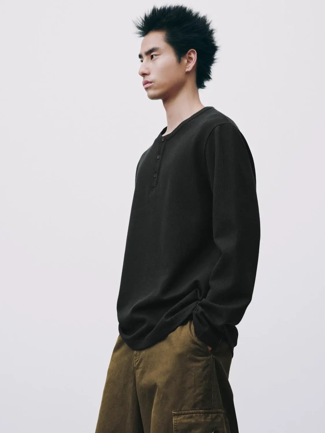 Ribbed Button Front Long Sleeve Cotton Blend T-Shirt