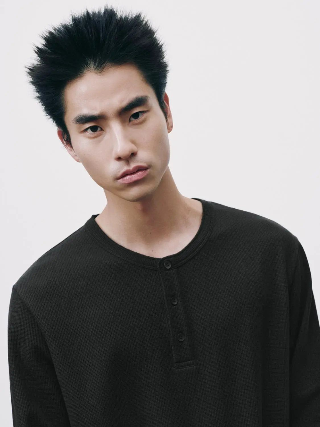 Ribbed Button Front Long Sleeve Cotton Blend T-Shirt