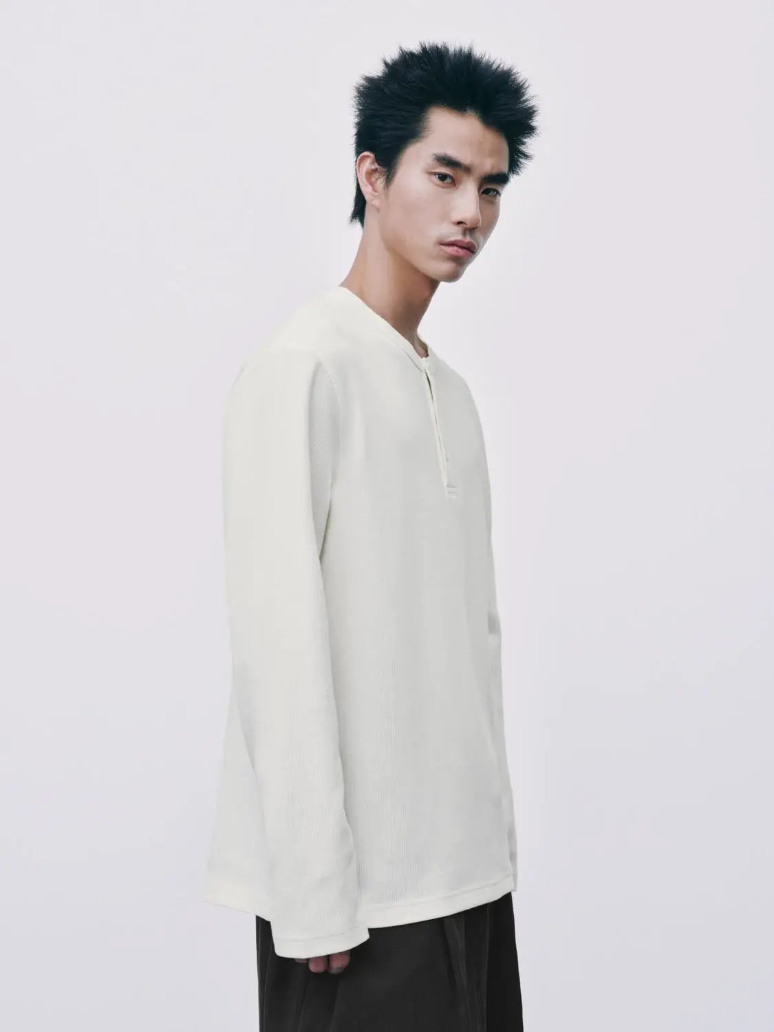 Ribbed Button Front Long Sleeve Cotton Blend T-Shirt