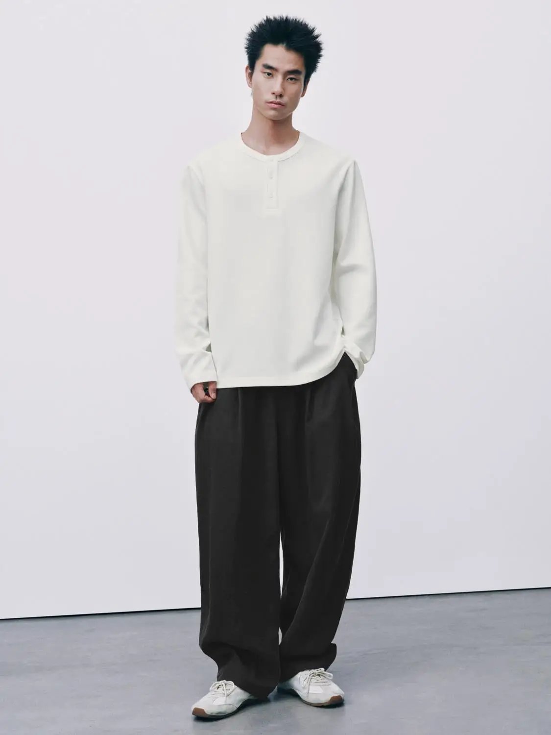 Ribbed Button Front Long Sleeve Cotton Blend T-Shirt