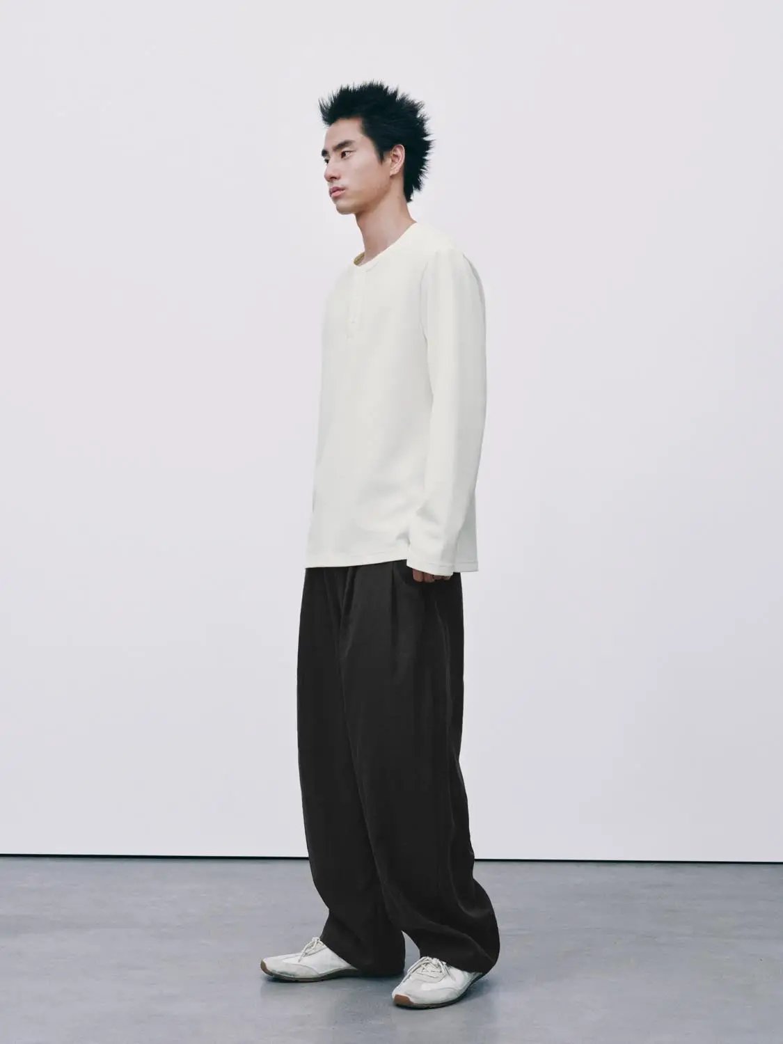 Ribbed Button Front Long Sleeve Cotton Blend T-Shirt
