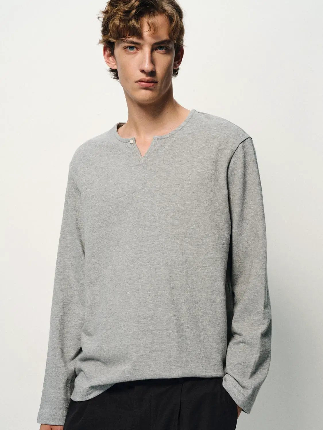 Solid Button Neck Long Sleeve Cotton T-Shirt
