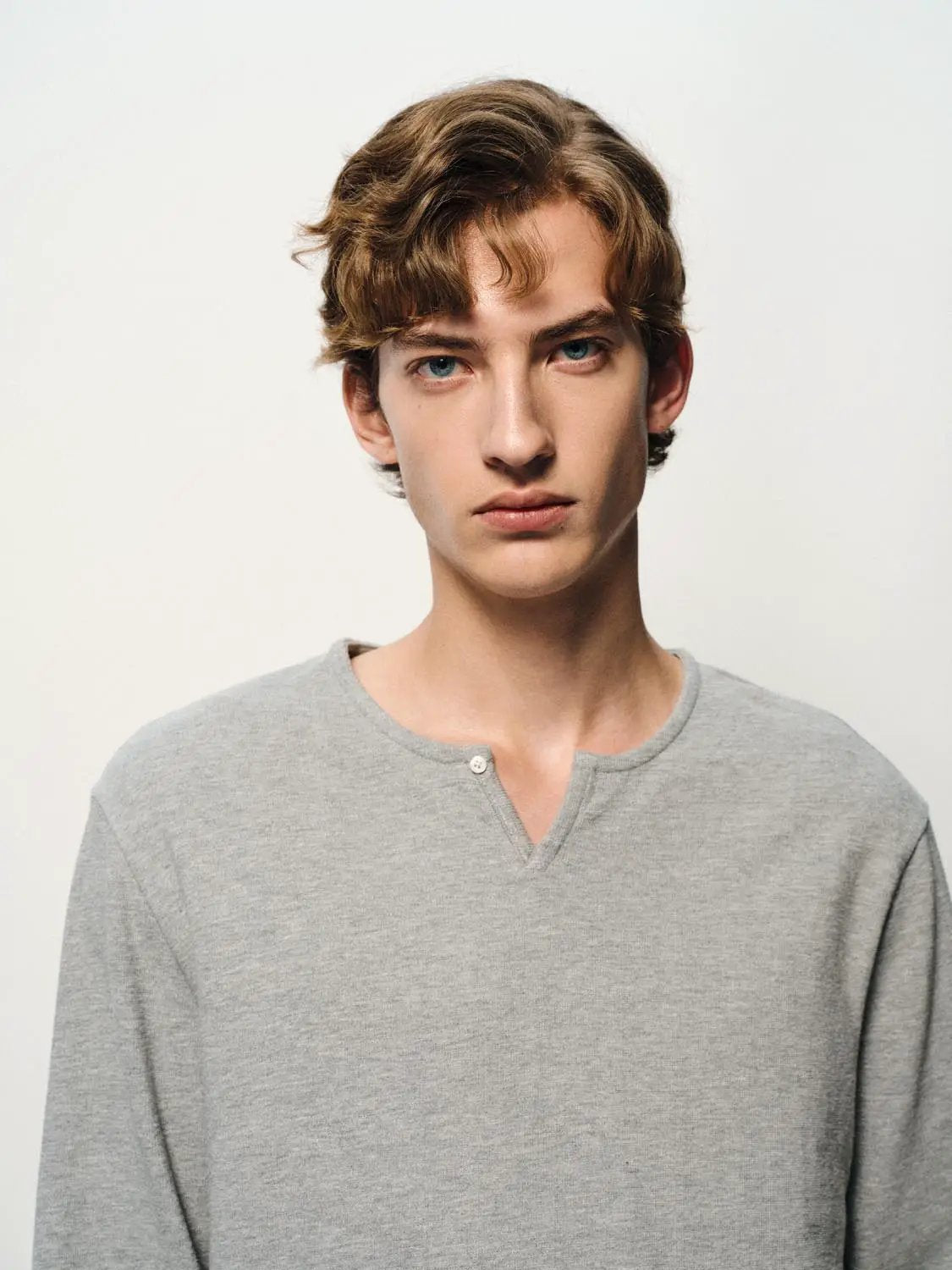 Solid Button Neck Long Sleeve Cotton T-Shirt