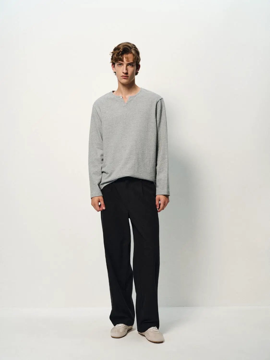 Solid Button Neck Long Sleeve Cotton T-Shirt