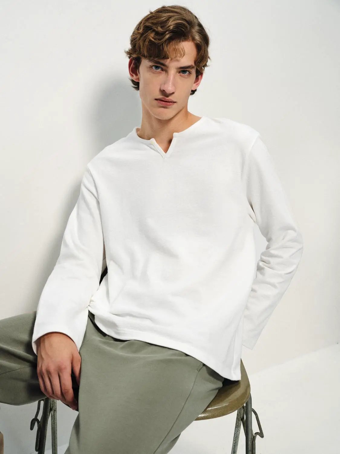 Solid Button Neck Long Sleeve Cotton T-Shirt