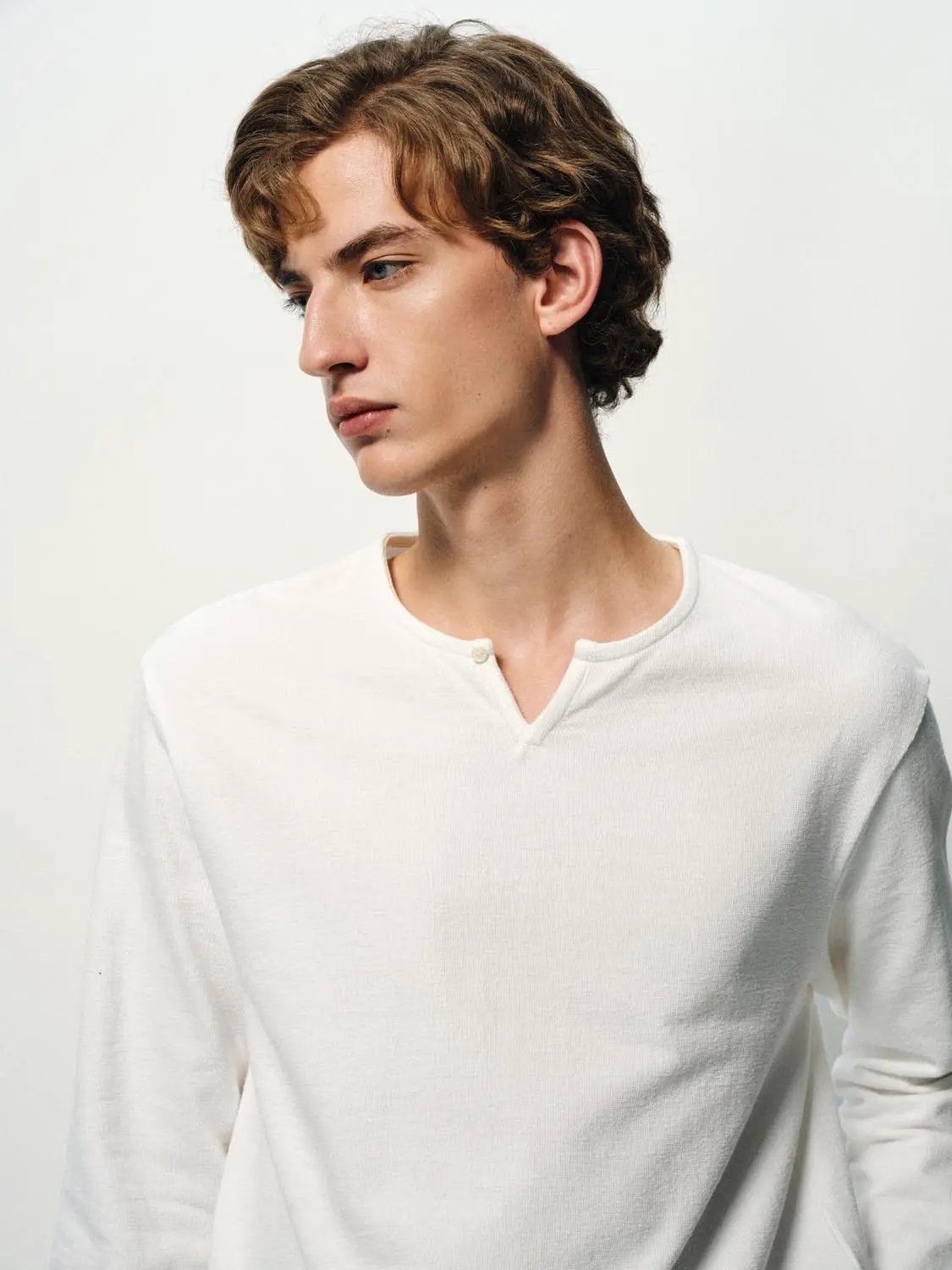 Solid Button Neck Long Sleeve Cotton T-Shirt