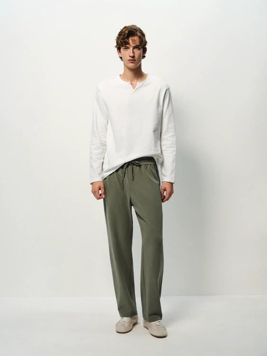 Solid Button Neck Long Sleeve Cotton T-Shirt