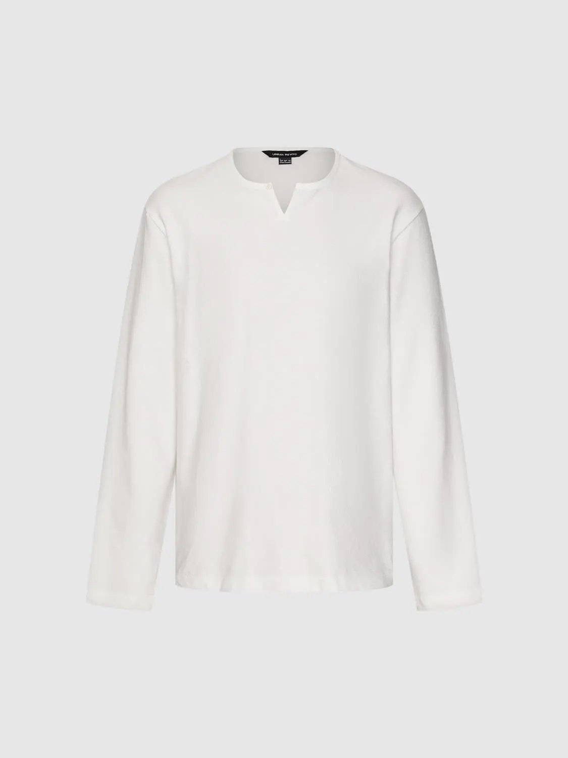 Solid Button Neck Long Sleeve Cotton T-Shirt