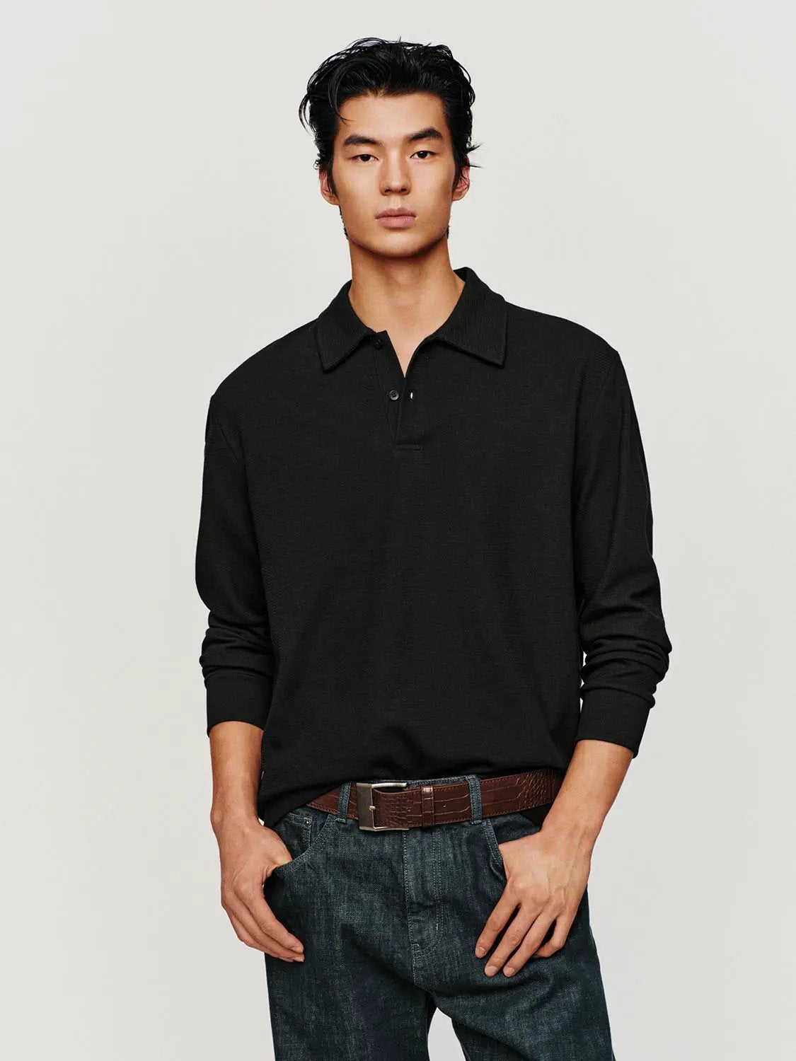 Textured Regular Fit Long Sleeve Polo Shirt