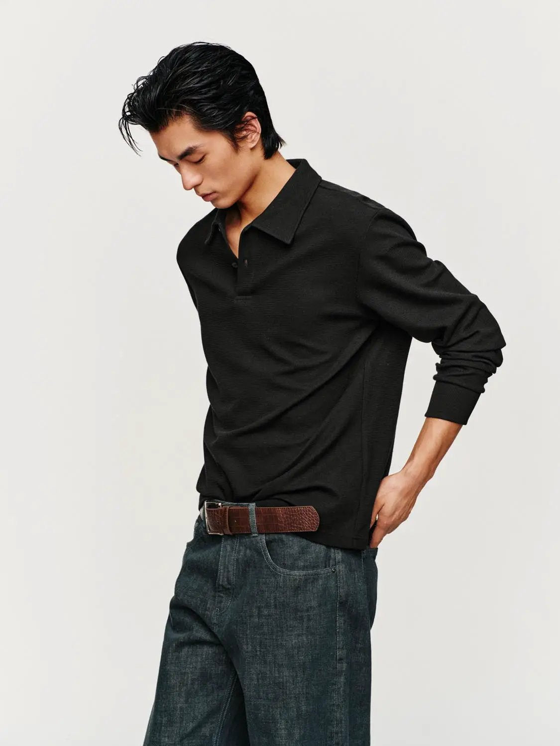 Textured Regular Fit Long Sleeve Polo Shirt
