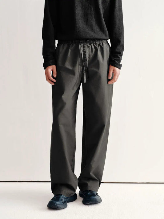 Drawstring Waist Relaxed Fit Cotton Straight Leg Pants