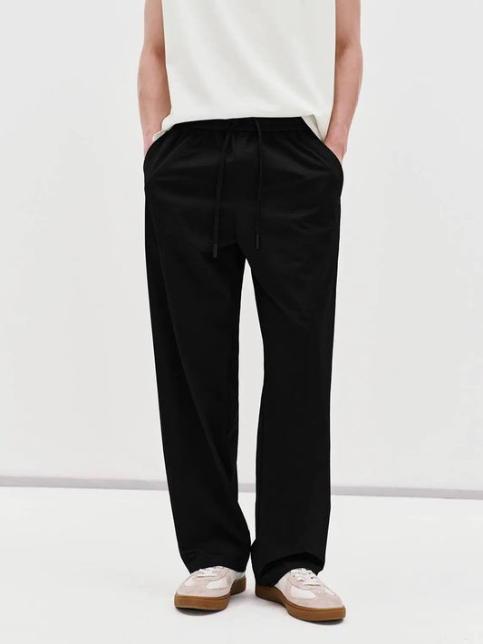 Elastic Waist Drawstring Pull On Straight Leg Cotton Pants