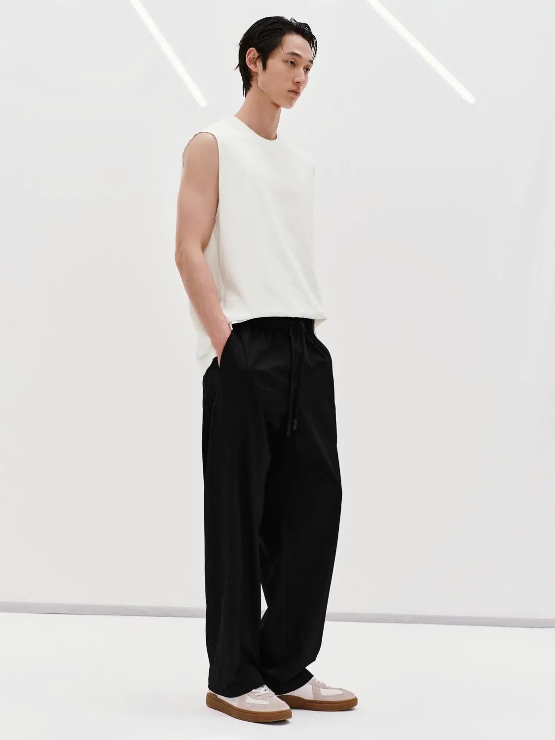 Elastic Waist Drawstring Pull On Straight Leg Cotton Pants