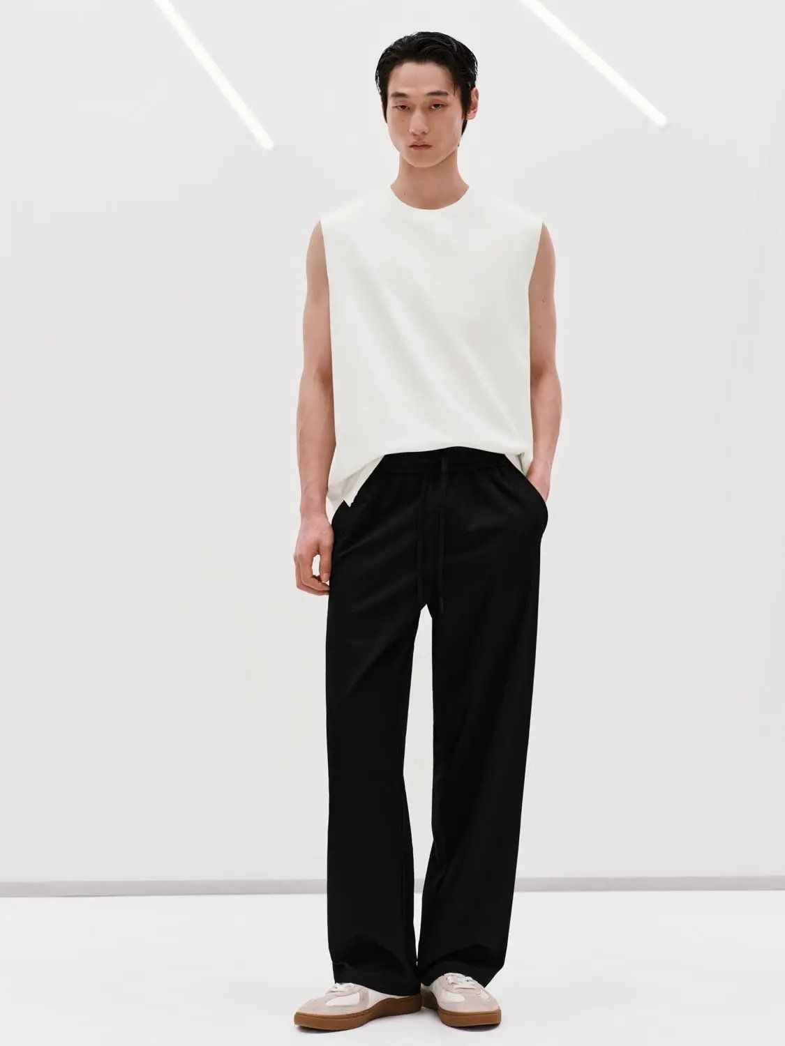 Elastic Waist Drawstring Pull On Straight Leg Cotton Pants
