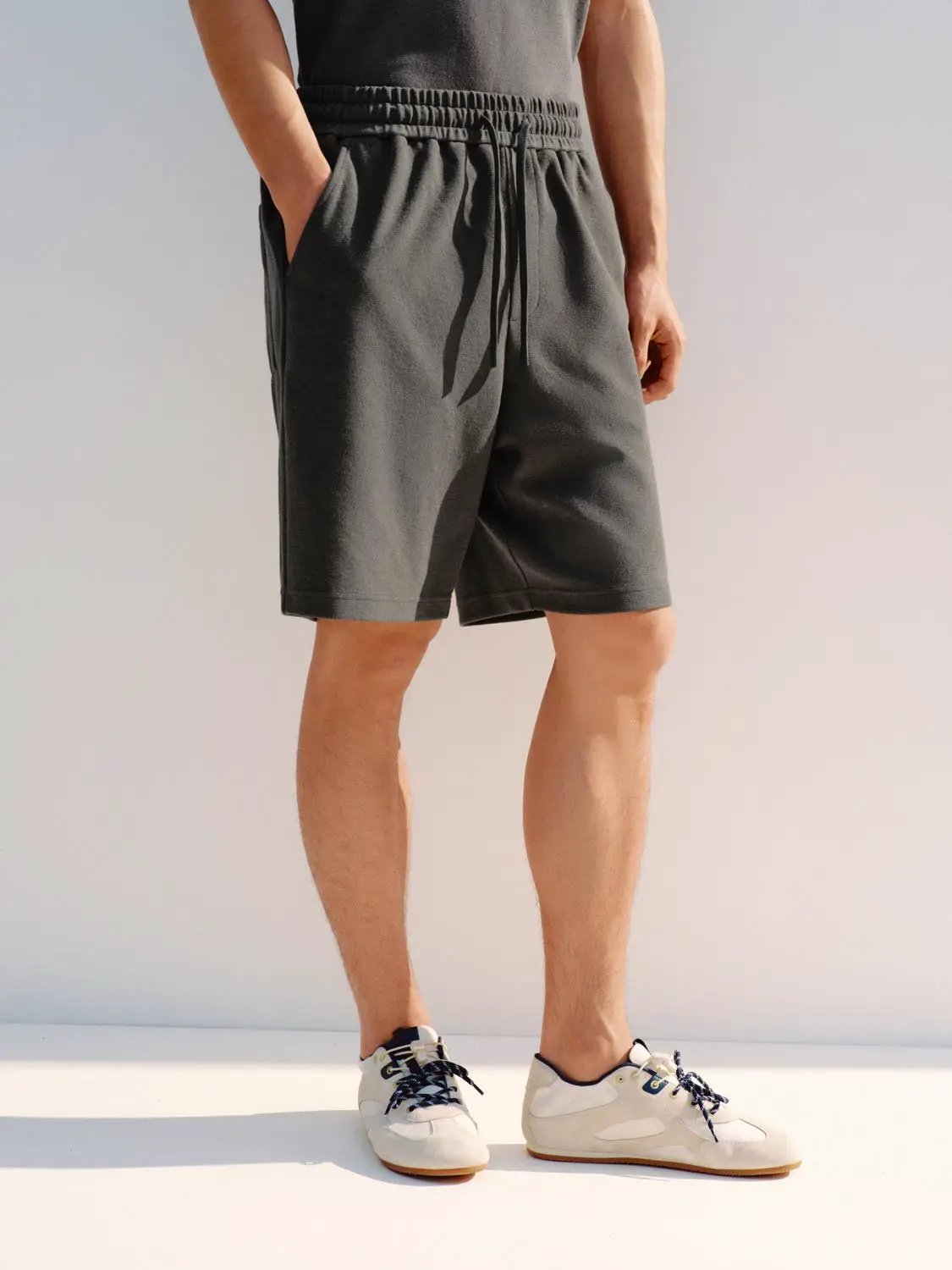Elastic Drawstring Waist Cotton Blend Shorts