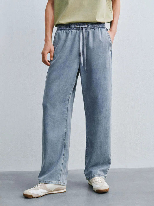 Wash Drawstring Elastic Waist Soft Wide Leg Lyocell Jeans
