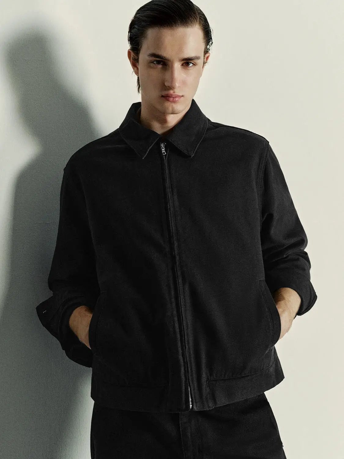 Zip Front Shirt Collar Long Sleeve Cotton Jacket