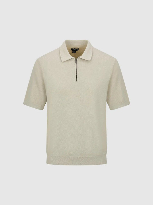 Knit Ribbed Hem Zip Neck Short Sleeve Cotton Shirt