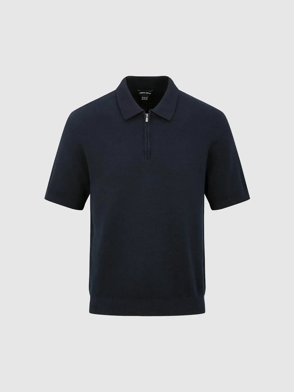 Knit Ribbed Hem Zip Neck Short Sleeve Cotton Shirt