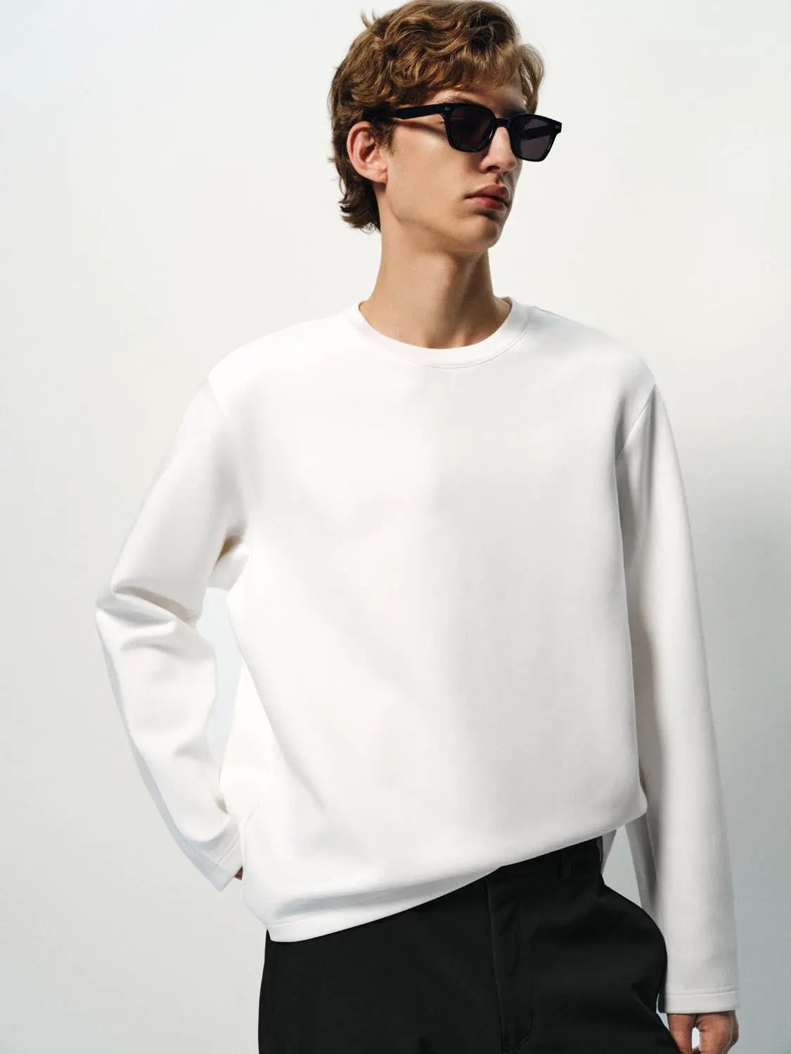 Oversized Crew Neck Long Sleeve Cotton Blend T-Shirt