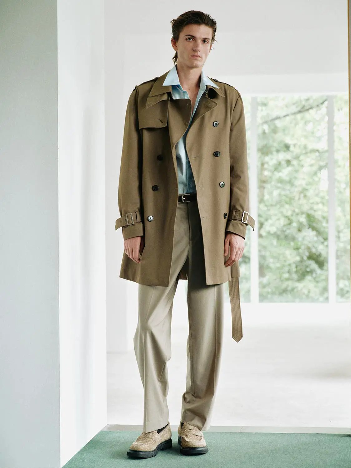 Double-Breasted Long Sleeve Belted Cotton Trench Coat