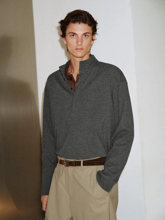 Button Front Mock Neck Long Sleeve Cotton Blend T-Shirt