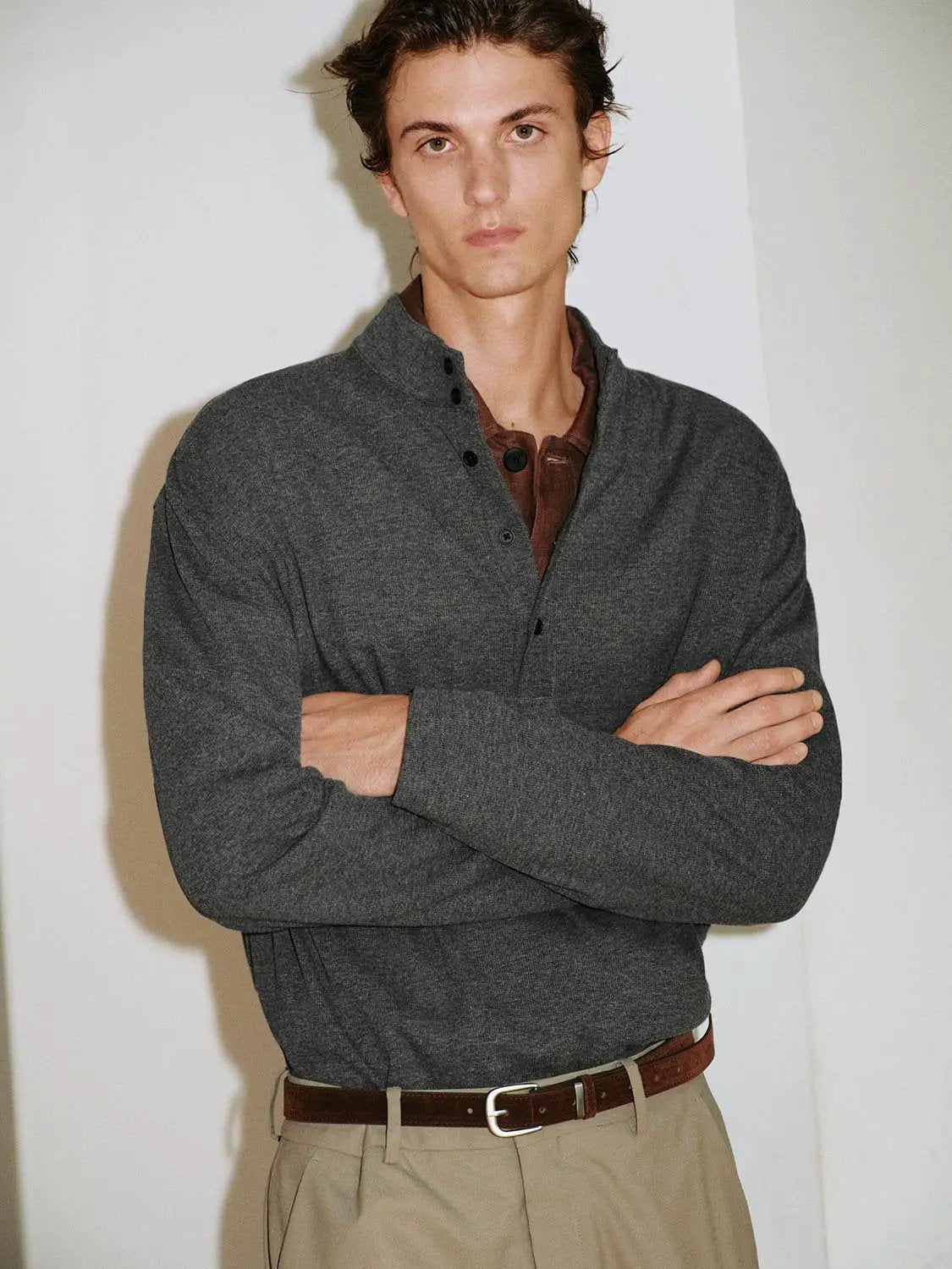 Button Front Mock Neck Long Sleeve Cotton Blend T-Shirt