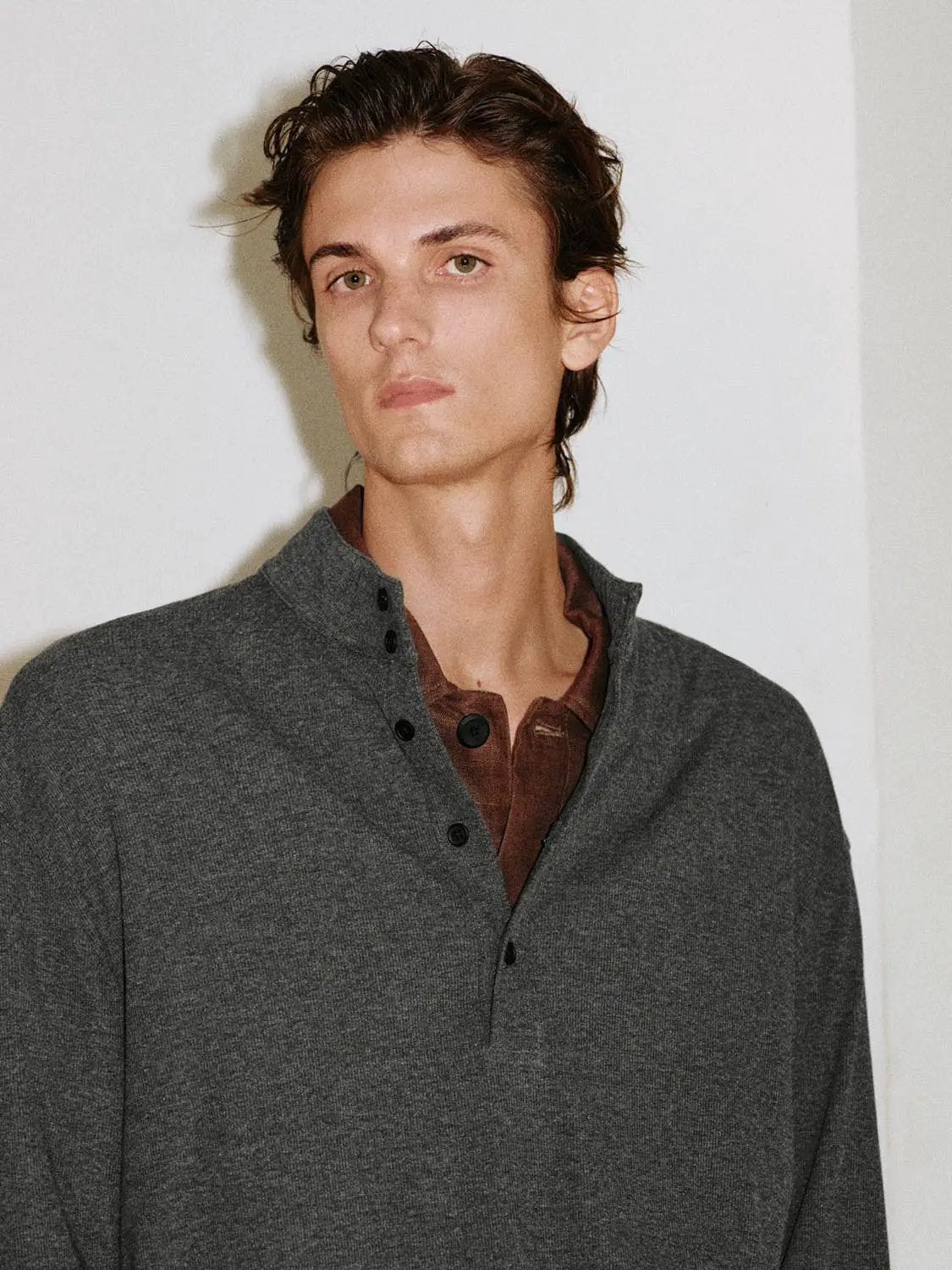 Button Front Mock Neck Long Sleeve Cotton Blend T-Shirt