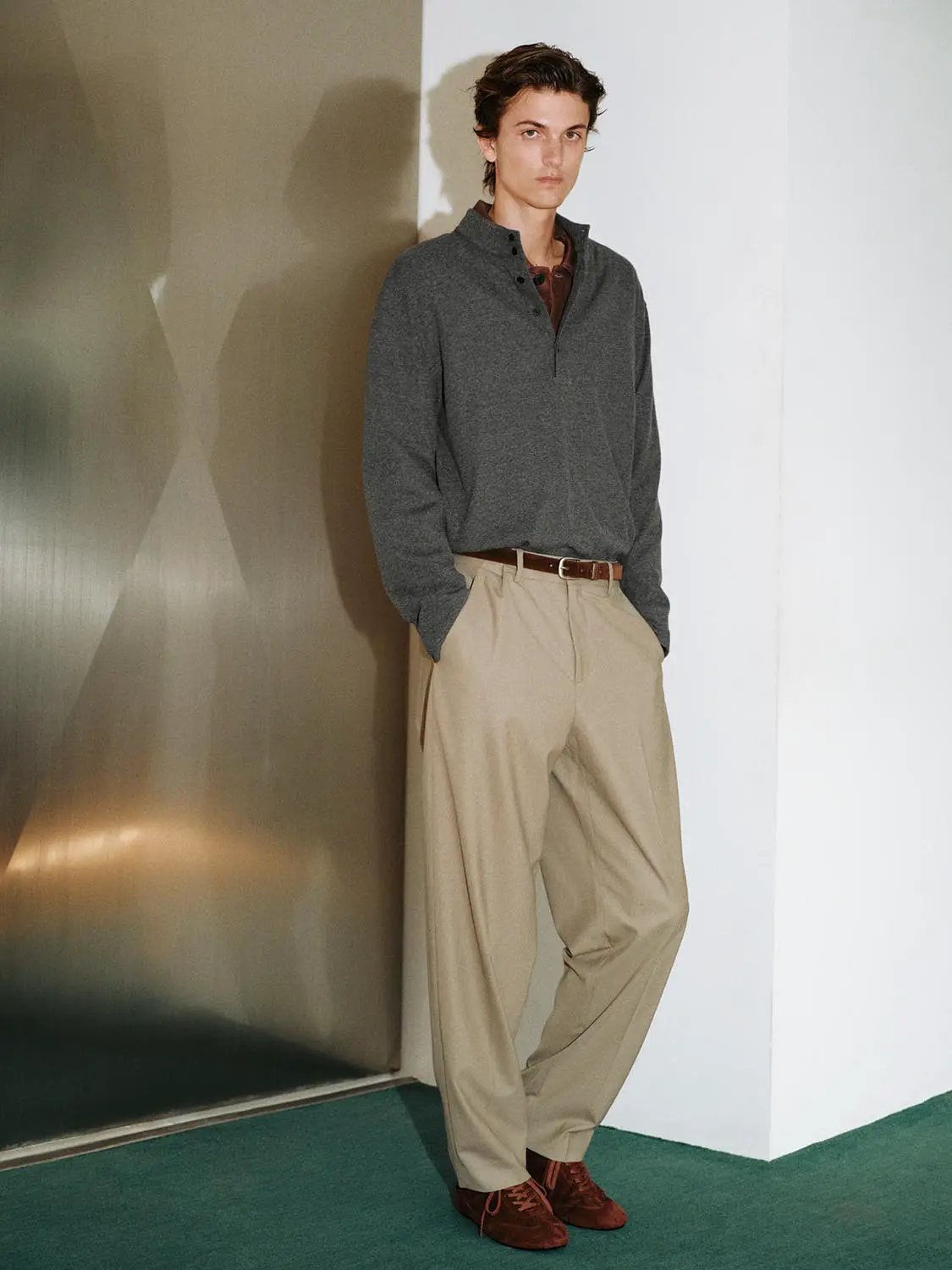 Button Front Mock Neck Long Sleeve Cotton Blend T-Shirt